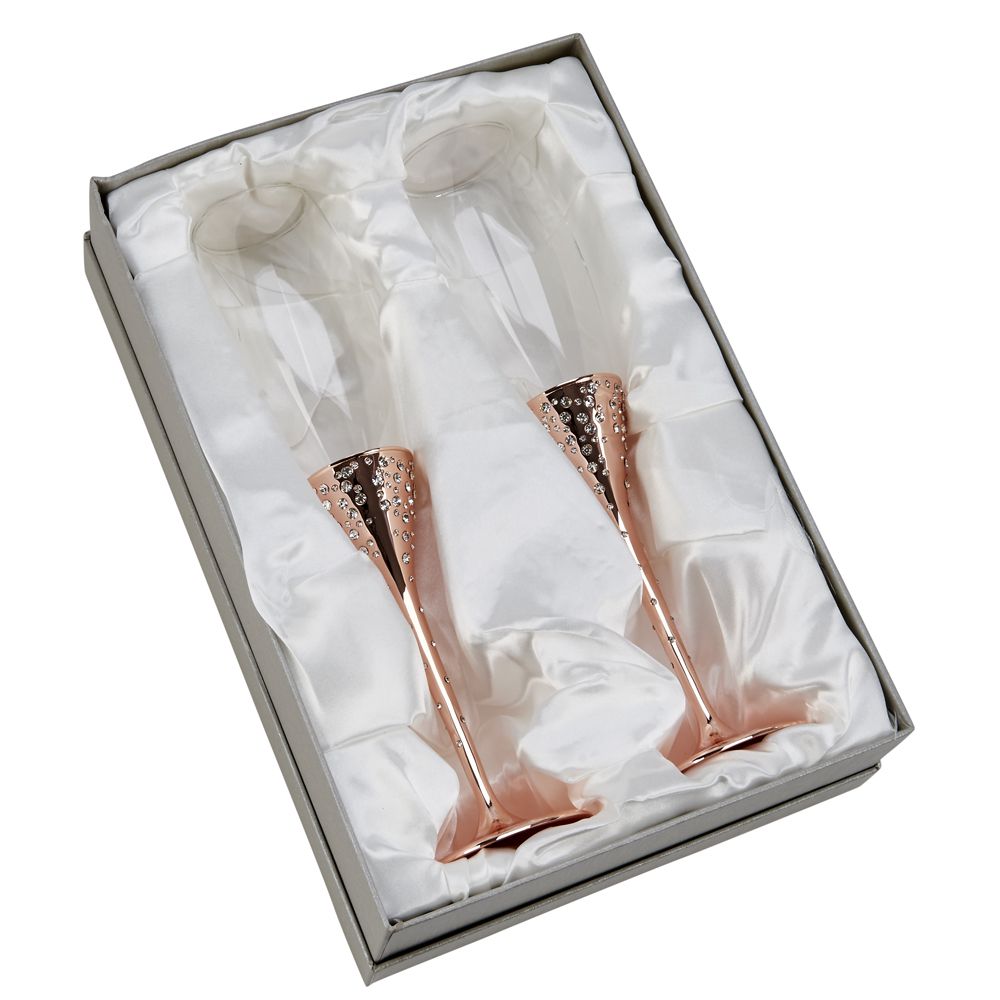 "Galaxy" Rose Gold Flutes, Pair 10.5" H